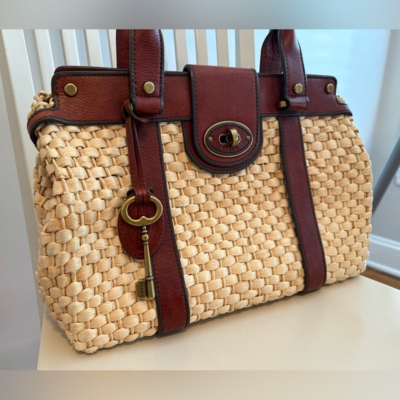 Fossil Leather Straw Basket Large Handbag - Picture 2 of 10